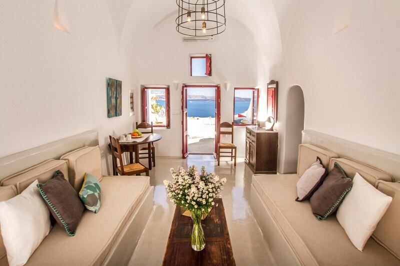 The one-bedroom home in Santorini, Greece, can house five guests. The next available dates are in October 2019, when it costs Dh3,207 for a minimum stay of two nights for two guests, or Dh4,930 for five people.