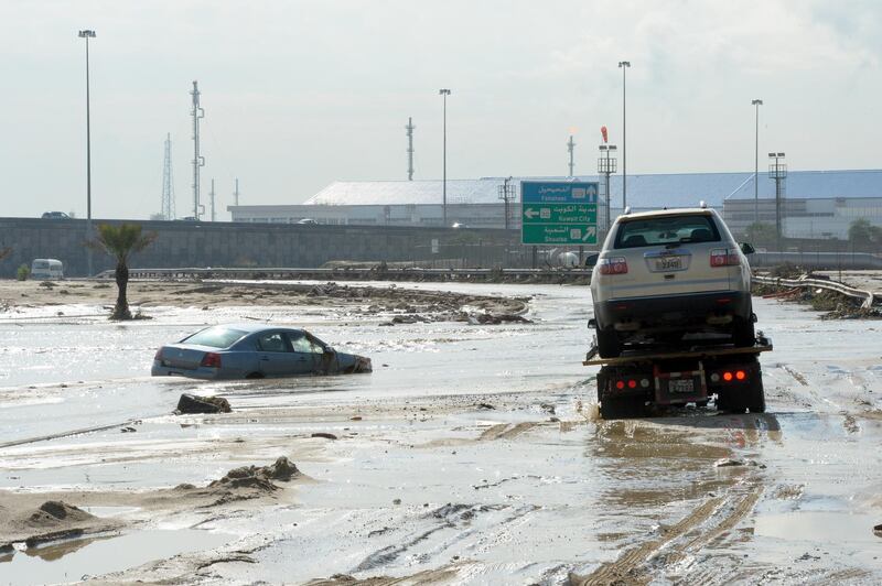 Vehicles in flood water in the Fahaheel area of Kuwait City. EPA