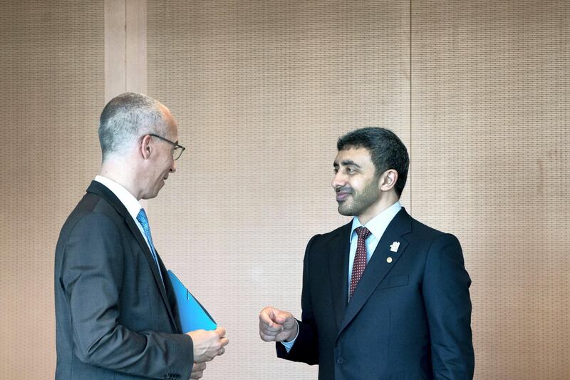BERLIN, GERMANY - June 12, 2019: HH Sheikh Abdullah bin Zayed Al Nahyan UAE Minister of Foreign Affairs and International Cooperation (R), speaks with a German delegate (L), prior a meeting with HE Angela Merkel, Chancellor of Germany (not shown), at the Chancellor's Office in Berlin, Germany.

(Eissa Al Hammadi / For the Ministry of Presidential Affairs )