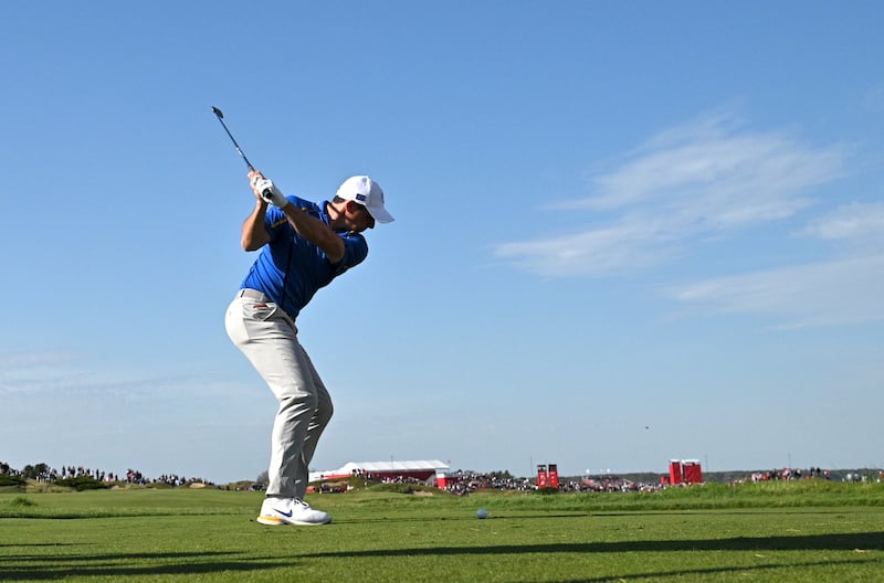 Team Europe's Rory McIlroy tees off on the eleventh. Reuters