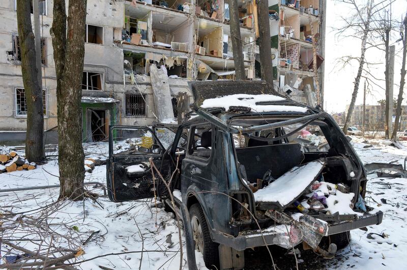 A residential building heavily damaged by a Russian rocket in Ukraine's second city of Kharkiv, on Sunday. AFP