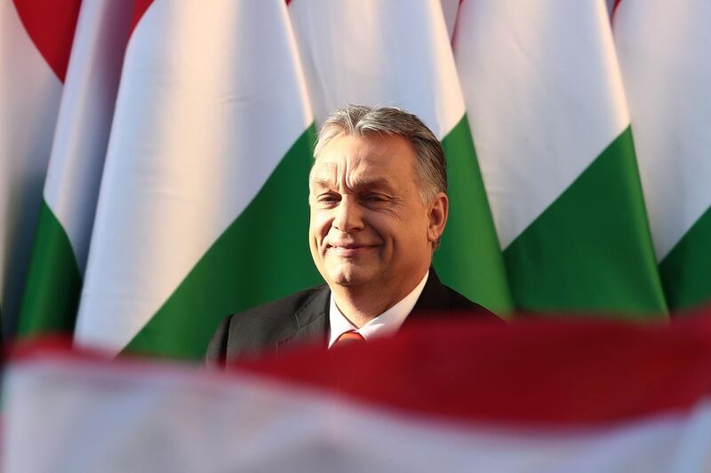 Hungarian Prime Minister Viktor Orban delivers his speech during the last campaign event of his Fidesz party in Szekesfehervar, Hungary on April 6, 2018. 
Hungarians vote in elections on April 8, 2108 that polls suggest will give Prime Minister Viktor Orban athird consecutive term. / AFP PHOTO / FERENC ISZA
