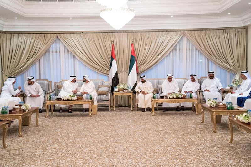 ABU DHABI, UNITED ARAB EMIRATES - June 13, 2018: HH Lt General Sheikh Saif bin Zayed Al Nahyan, UAE Deputy Prime Minister and Minister of Interior (L), HH Sheikh Hamdan bin Zayed Al Nahyan, Ruler’s Representative in Al Dhafra Region (2nd L), HH Sheikh Mohamed bin Zayed Al Nahyan, Crown Prince of Abu Dhabi and Deputy Supreme Commander of the UAE Armed Forces (3rd L), HH Sheikh Mohamed bin Rashid Al Maktoum, Vice-President, Prime Minister of the UAE, Ruler of Dubai and Minister of Defence (4th L), HH Sheikh Hamdan bin Rashid Al Maktoum, Deputy Ruler of Dubai and UAE Minister of Finance (6th L), HH Sheikh Suroor bin Mohamed Al Nahyan (7th L), HH Sheikh Saeed bin Mohamed Al Nahyan (2nd R) and HH Sheikh Khaled bin Zayed Al Nahyan, Chairman of the Board of Zayed Higher Organization for Humanitarian Care and Special Needs (ZHO) (R), attend an iftar reception held by HH Sheikh Tahnoon bin Mohamed Al Nahyan, Ruler's Representative in Al Ain Region (5th L).
( Hamad Al Kaabi / Crown Prince Court - Abu Dhabi )
---