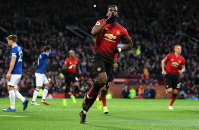 BESTPIX - MANCHESTER, ENGLAND - OCTOBER 28:  Paul Pogba of Manchester United celebrates after scoring his team's first goal during the Premier League match between Manchester United and Everton FC at Old Trafford on October 28, 2018 in Manchester, United Kingdom.  (Photo by Michael Regan/Getty Images)