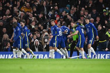 Chelsea players celebrate a goal during the English Premier League soccer match between Chelsea FC and Liverpool FC in London, Britain, 02 January 2022.   EPA/VICKIE FLORES EDITORIAL USE ONLY.  No use with unauthorized audio, video, data, fixture lists, club/league logos or 'live' services.  Online in-match use limited to 120 images, no video emulation.  No use in betting, games or single club/league/player publications. 