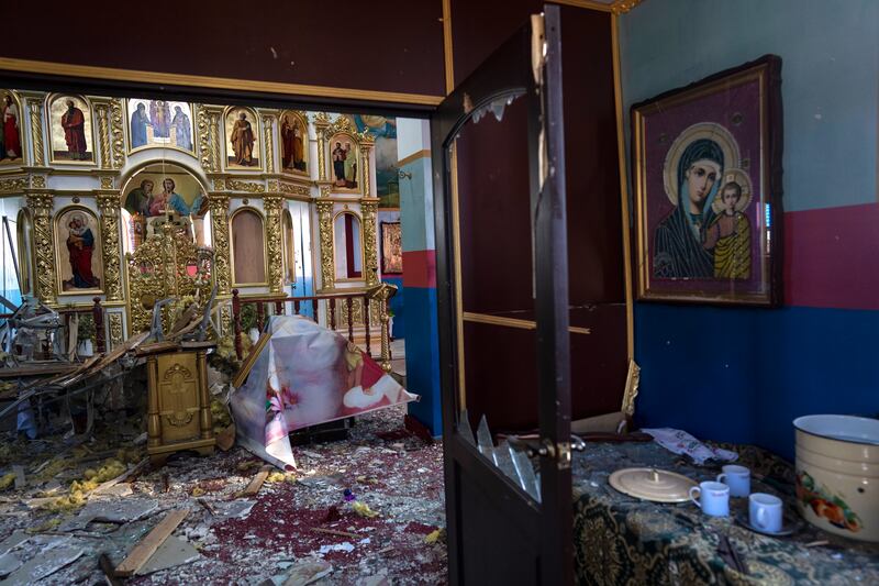 Damage inside an Orthodox Church building in Yasnohorodka, on the outskirts of Kyiv. AP