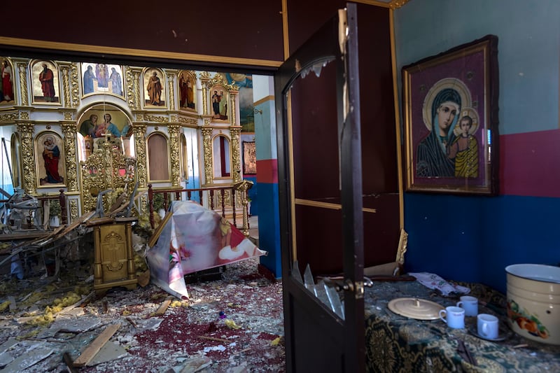 Damage inside an Orthodox Church building in Yasnohorodka, on the outskirts of Kyiv. AP