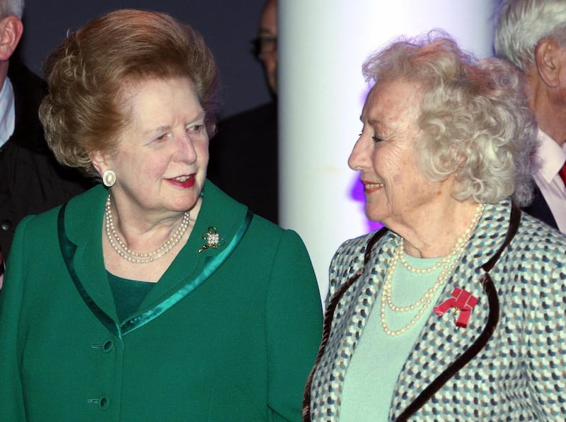 LONDON - MARCH 20: Dame Vera Lynn smiles at former British Prime Minister Baroness Margaret Thatcher as she celebrates her 90th Birthday at the Imperial War Museum on March 20, 2007 in London. The Second World War 'soldiers sweetheart' was joined by Welsh singer Katherine Jenkins who herself has entertained the troops in Iraq and Kosovo.(Photo by Matt Cardy/Getty Images)