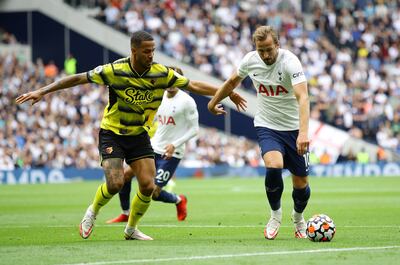 William Troost-Ekong, left, battles with Harry Kane, then of Tottenham, in the Premier League during his Watford days. Reuters