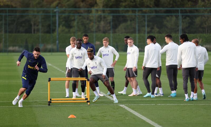 Tottenham goalkeeper Hugo Lloris, left, with teammates during training. Reuters