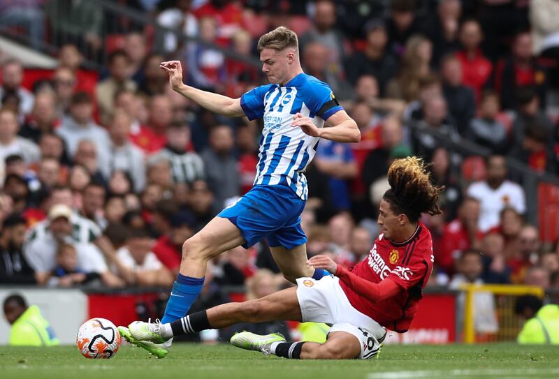 Evan Ferguson of Brighton in action against Hannibal Mejbri of Manchester United during the Premier League match at Old Trafford on 16 September, 2023. EPA