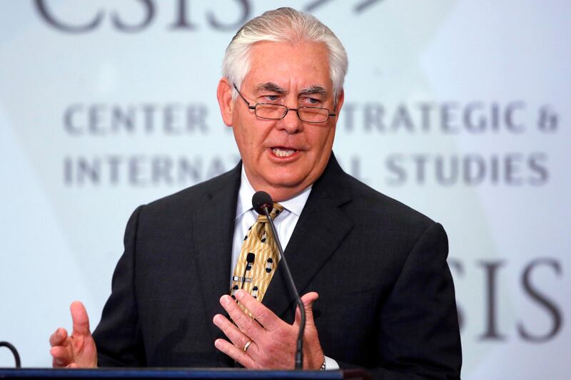 Secretary of State Rex Tillerson speaks at the Center for Strategic and International Studies on Wednesday, Oct. 18, 2017, in Washington. (AP Photo/Jacquelyn Martin)