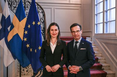 Prime ministers Sanna Marin of Finland (L) and Ulf Kristersson of Sweden met in Stockholm on Thursday. AFP 