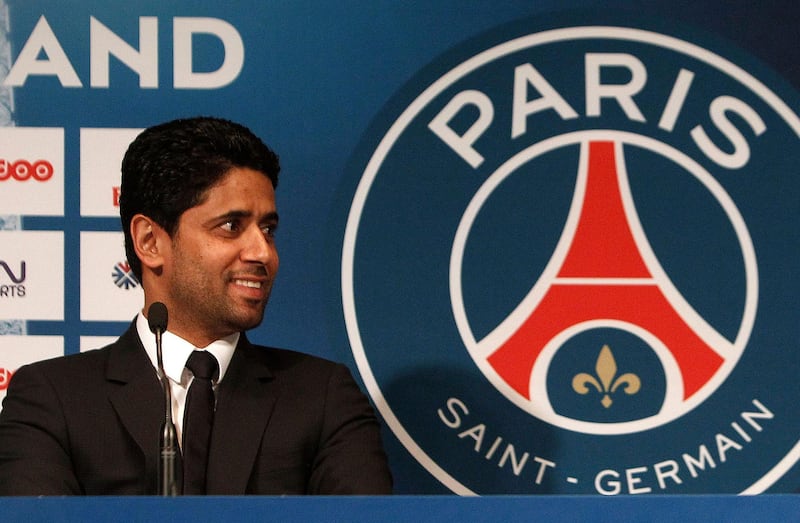 FILE - In this Wednesday, Jan. 29, 2014 file photo PSG President Nasser Al-Khelaifi smiles during a press conference, at the Parc des Princes stadium in Paris. In a verdict handed down Friday Oct. 30, 2020, Swiss federal judges acquitted the Qatari president of Paris Saint-Germain Nasser Al-Khelaifi. (AP Photo/Thibault Camus, File)