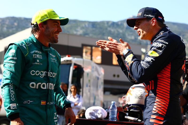 Max Verstappen of Red Bull clinched pole position from Fernando Alonso, left, of Aston Martin during qualifying for the Monaco GP on Saturday, May 27, 2023. Getty
