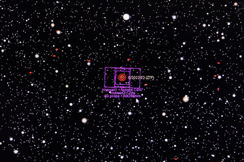 A view of a screen shows the tracking of the green comet by researchers at the Kryoneri Observatory