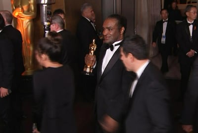 This Sunday, March 4, 2018, still image from AP video appears to show the man who authorities say stole Frances McDormand's best actress Oscar walking out of the official Academy Awards after-party in Los Angeles. (AP Photo/Jeff Turner)
