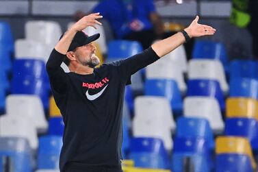 Liverpool's German manager Jurgen Klopp reacts  during the UEFA Champions League Group A first leg football match between SSC Napoli and Liverpool FC at the Diego Armando Maradona Stadium in Naples on September 7, 2022.  (Photo by Alberto PIZZOLI  /  AFP)