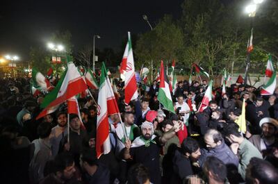 Iranians celebrate the attack on Israel on April 13 that has led to renewed concern about Tehran's drone and missile capability. EPA 