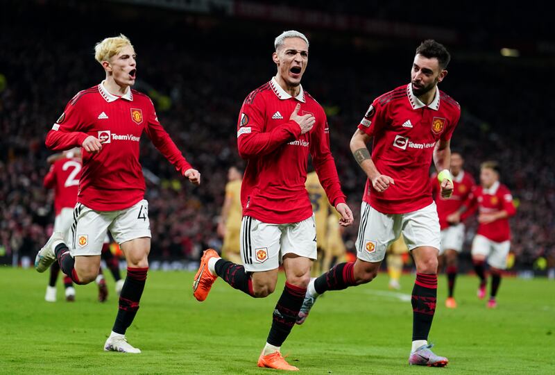 Antony celebrates scoring Manchester United's second goal in their 2-1 Europa League play-off win over Barcelona at Old Trafford, on February 23, 2023. United won 4-3 on aggregate. PA