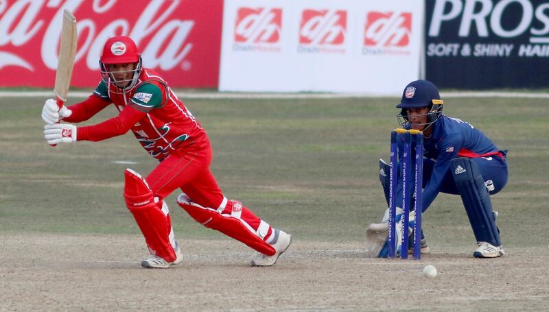 Suraj Kumar of Oman bats during the ICC Cricket World Cup League 2 match between USA and Oman at TU Cricket Stadium on 6 February 2020 in Nepal (1)