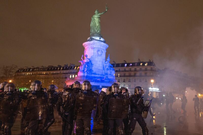 French riot police clash with protesters during a demonstration in Paris, France. Getty Images