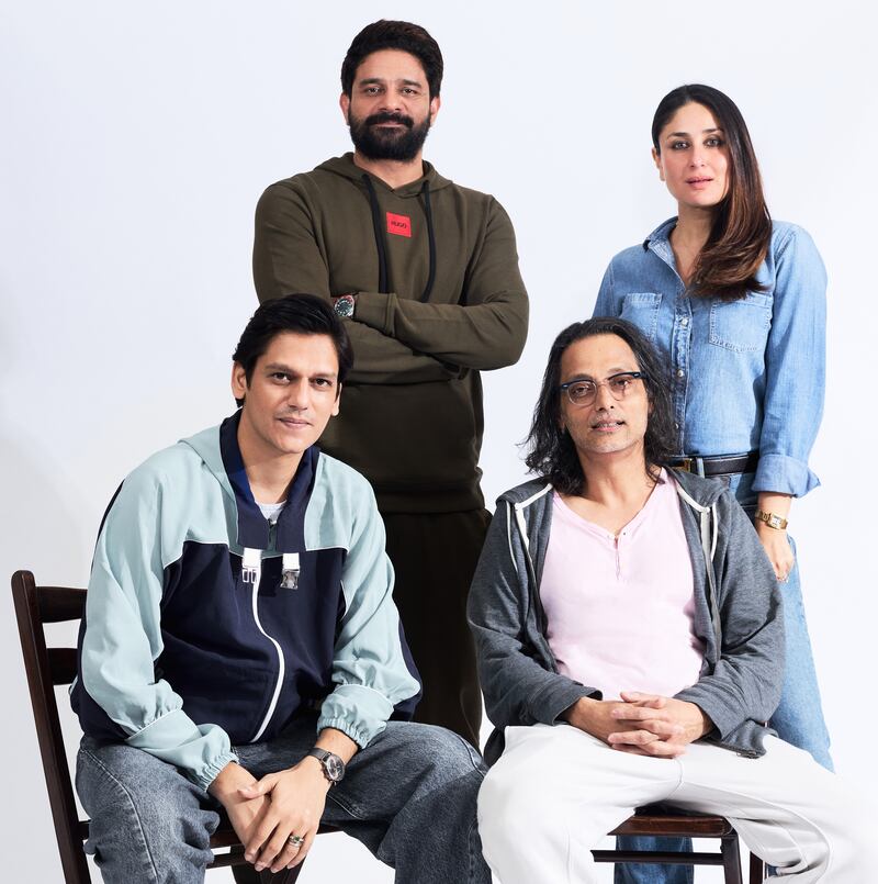 Clockwise from seated, left, actors Vijay Varma, Jaideep Ahlawat and Kareena Kapoor Khan with director Sujoy Ghosh, of the film 'The Devotion of Suspect X'.