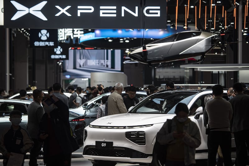 An XPeng Inc G9 electric vehicle at the Shanghai Auto Show. Electric car manufacturing remains 'highly concentrated', with the battery and component trade being dominated by China. Bloomberg