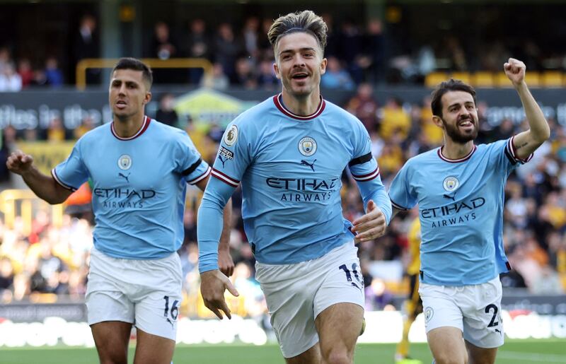 Manchester City's Jack Grealish celebrates scoring the opening goal in the 3-0 Premier League victory against Wolves. Action Images