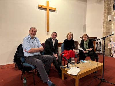 Trade unionist Kevin Courtney, Labour candidate Paul Mason, journalist Melissa Benn and independent candidate Emma Dent Coad debate whether people should vote for Labour in 2024, in West Kilburn, north-west London, on Monday. Lemma Shehadi / The National