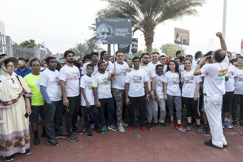 DUBAI, UNITED ARAB EMIRATES. 02 OCTOBER 2019. A fun walk around Zabeel Park to commemorate the birth of  Mahatma Gandhi a 150 years ago today. (Photo: Antonie Robertson/The National) Journalist: None. Section: National.
