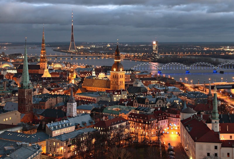 An aerial view of Riga's old town at night. Photo © Aleksandrs Kendenkovs
