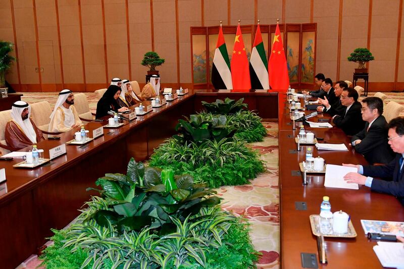 United Arab Emirates Vice President and Prime Minister Sheikh Mohammed bin Rashid attends a meeting with China's Premier Li Keqiang at the Diaoyutai State Guesthouse, Beijing. AFP