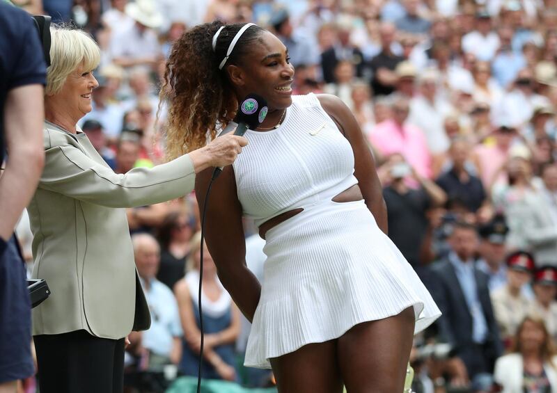 Tennis - Wimbledon - All England Lawn Tennis and Croquet Club, London, Britain - July 13, 2019  Serena Williams of the U.S. is interviewed by Sue Barker after losing the final against Romania's Simona Halep  REUTERS/Hannah McKay