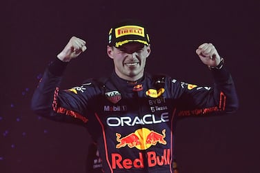 Dutch Formula One driver Max Verstappen of Red Bull Racing celebrates on the podium after winning the Formula One Grand Prix of Saudi Arabia on the Corniche Circuit in Jeddah, Saudi Arabia, 27 March 2022.   EPA / STR