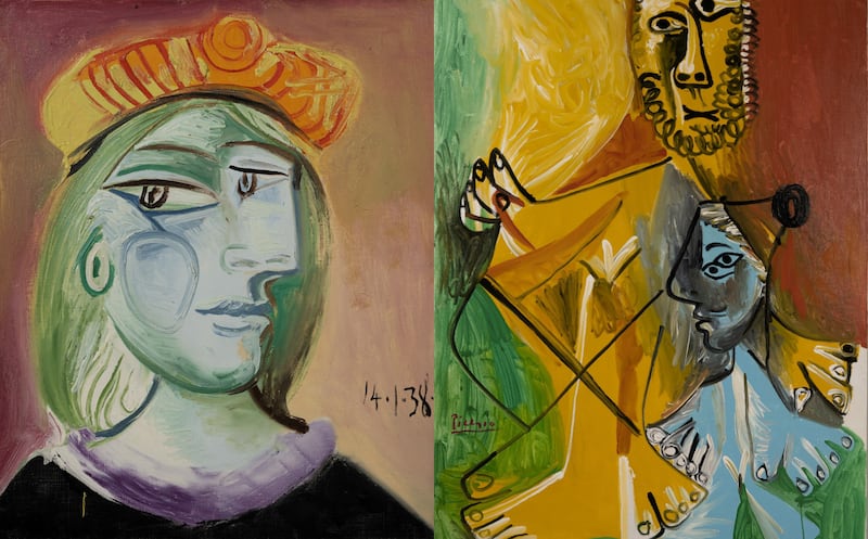 Pablo Picasso's 1938 painting 'Femme au beret rouge-orange', left, and 'Homme et enfant', right, are among pieces owned by MGM Resorts going up for auction in October. Courtesy Sotheby's & MGM Resorts
