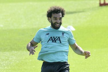 Star striker Mohamed Salah during a training session as Liverpool prepare for their return to action. Getty