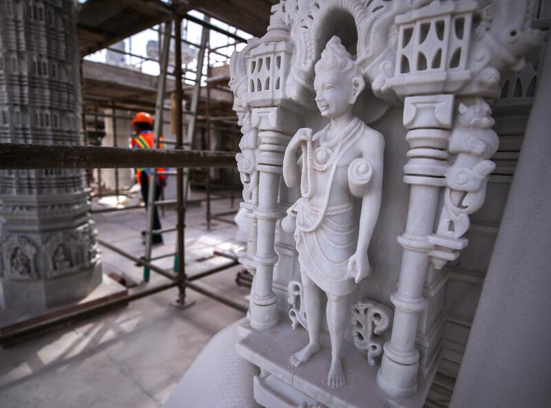 Intricate carvings at the temple represent the history and heritage of Hinduism. Victor Besa / The National