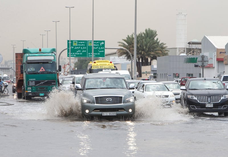 Dubai, United Arab Emirates - Flooded street due to rain today in Al Quoz Industrial area.  Leslie Pableo for The National 