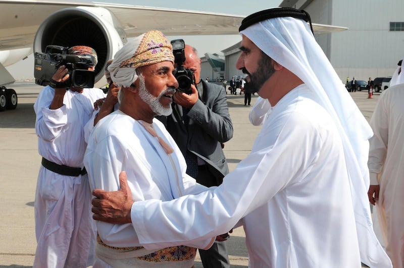 Sultan Qabus arrives in the UAE on a special visit. Sheikh Mohammed  
bin Rashid was at the sultan's welcome at the airport.
WAM Dubai, Oct 22th, 2012 (WAM) - Vice President and Prime Minister of UAE and Ruler of Dubai His Highness Sheikh Mohammed Bin Rashid Al Maktoum and His Majesty Sultan Qaboos Bin Saeed of Oman held talks on bilateral ties Monday at the Zabeel Palace in Dubai. 

In the presence of Sheikhs and senior officials, they reviewed fraternal relations between UAE and Oman and exchanged views on the ways to bolster them for the prosperity and welfare of peoples of both countries. 

Deputy Ruler of Dubai HH Sheikh Maktoum bin Mohammed bin Rashid Al Maktoum, FNC Speaker Mohammed Ahmed Al Murr, Deputy Prime Minister and Minister of Interior Lt. General HH Sheikh Saif bin Zayed Al Nahyan, President of Dubai Civil Aviation and Chairman of Emirates Group HH Sheikh Ahmed bin Saeed Al Maktoum, Director General of the Dubai Ruler's Court Mohammed Ibrahim Al-Shaibani, Commander General of Dubai Police Lieutenant General Dahi Khalfan Tamim and the delegation accompanying His Majesty the Sultan of Oman were among those who attended the meeting.