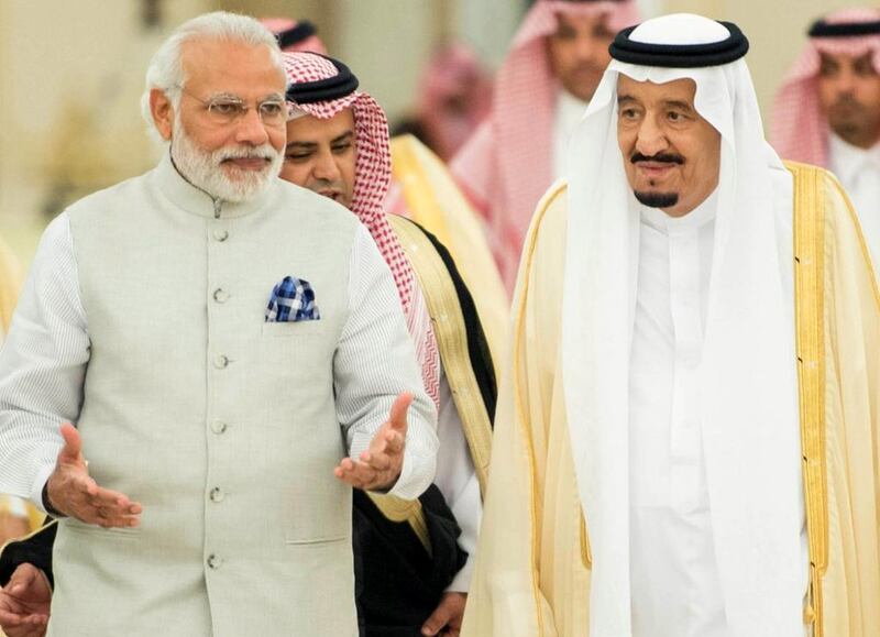 Saudi King Salman (R) welcomes India's prime minister Narendra Modi in Riyadh last month. During Mr Modi's visit to Saudi Arabia, his delegation signed an extensive agreement with the Islamic Development Bank, which included its launch in India.  SPA/HO/AFP Photo

