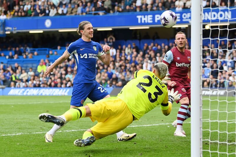 Chelsea captain Conor Gallagher hits the crossbar from close range. Getty Images