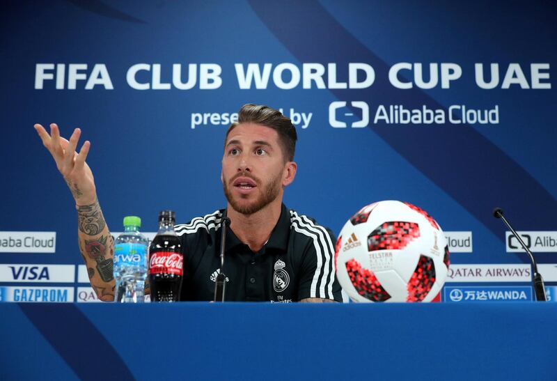 Abu Dhabi, United Arab Emirates - December 21, 2018: Capt Sergio Ramos of Real Madrid speaks to the press ahead of the Fifa Club World Cup final. Friday the 21th of December 2018 at the Zayed Sports City Stadium, Abu Dhabi. Chris Whiteoak / The National