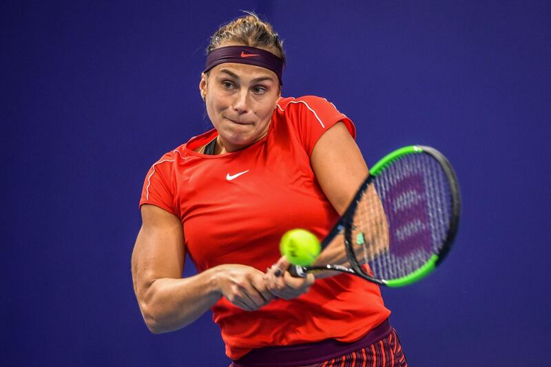 Aryna Sabalenka of Belarus hits a return against Ashleigh Barty of Australia in their women's singles first round match of the Zhuhai Elite Trophy tennis tournament in Zhuhai, in south China's Guangdong province on October 30, 2018. China OUT
 / AFP / STR
