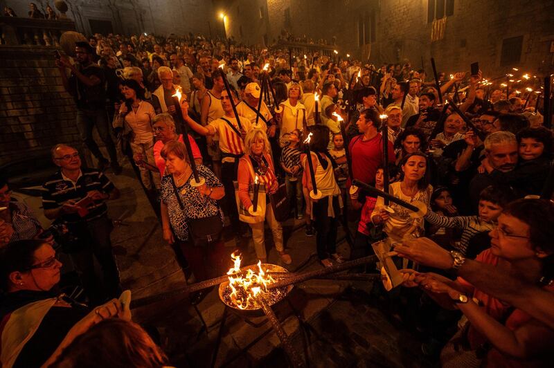 Demonstrators march during a Pro-independence demonstration in Girona, Spain. David Ramos/Getty Images