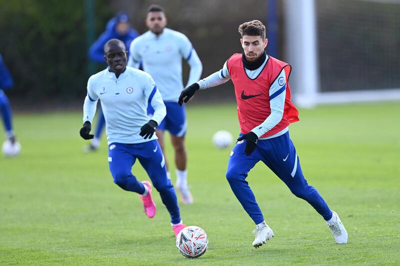 COBHAM, ENGLAND - APRIL 16:  Jorginho of Chelsea during a training session at Chelsea Training Ground on April 16, 2021 in Cobham, England. (Photo by Darren Walsh/Chelsea FC via Getty Images)