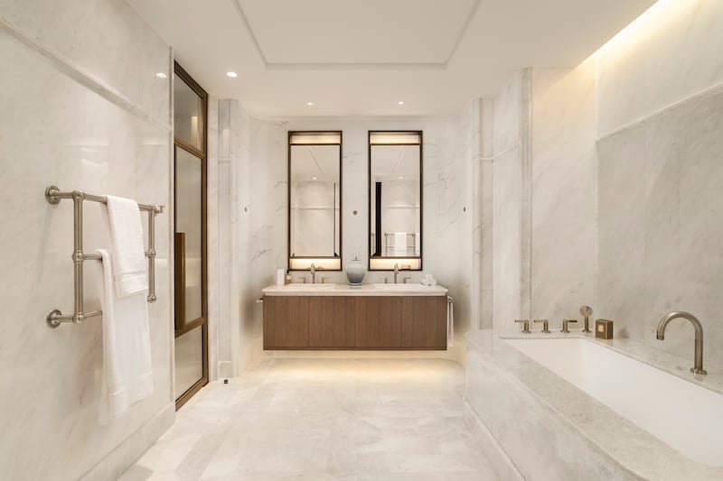 A bathroom at No.1 Grosvenor Square, a luxury apartment development in London owned by Lodha UK.