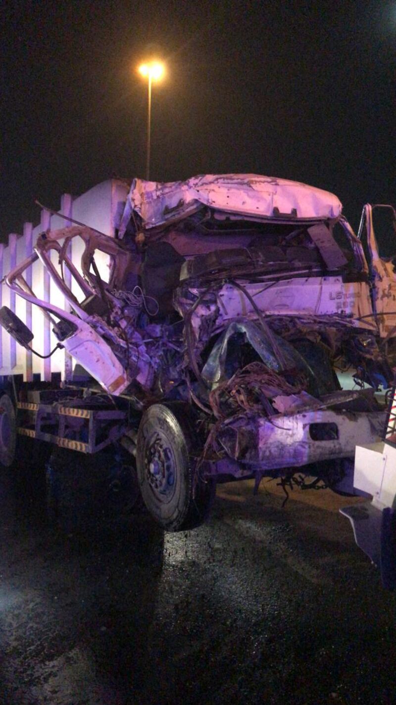 The mangled wreckage of a rubbish collection truck on Sheikh Mohamed bin Zayed Road early on Tuesday. Courtesy: Dubai Police