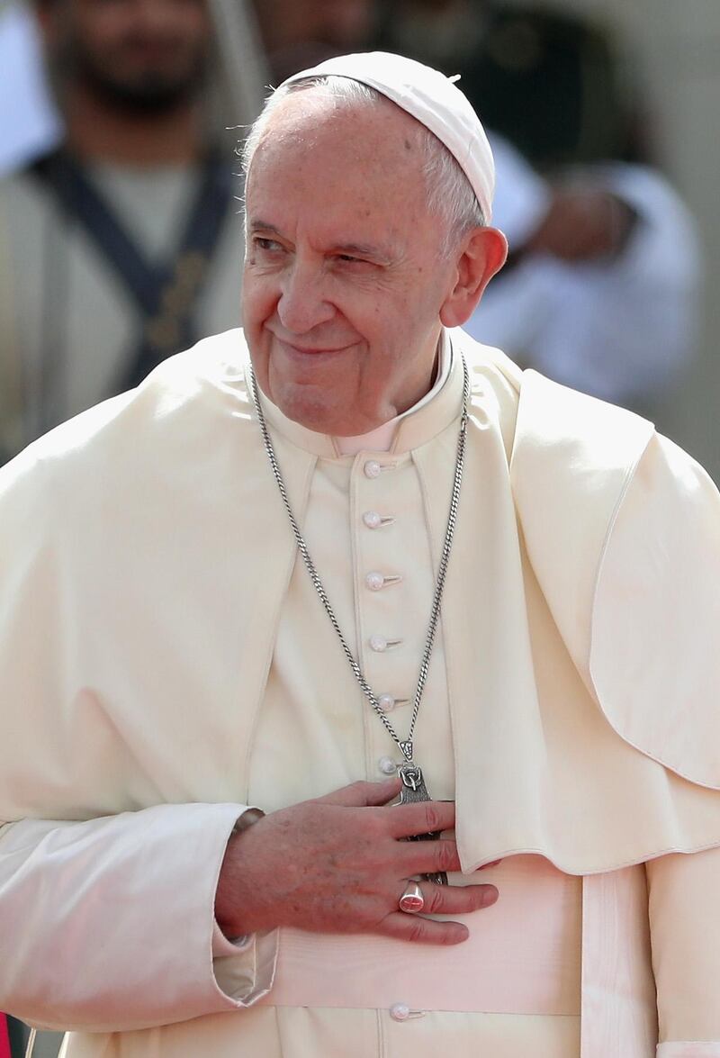 ABU DHABI, UNITED ARAB EMIRATES - FEBRUARY 04:  Pope Francis is welcomed at Presidential Palace on February at Presidential Palace on February 4, 2019 in Abu Dhabi, United Arab Emirates. Pope Francis visits the UAE this year for a landmark, three-day visit. It will be the first time a Pope has ever come to the United Arab Emirates.  (Photo by Francois Nel/Getty Images)