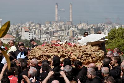 epa07572248 Lebanese Maronite monks carry the coffin of late Lebanese Maronite Patriarch Cardinal Nasrallah Sfeir in Bkirki, northeast Beirut, Lebanon,15 May 2019.  Sfeir died on 12 May at the age of 98 after days of intensive medical care.  EPA/WAEL HAMZEH